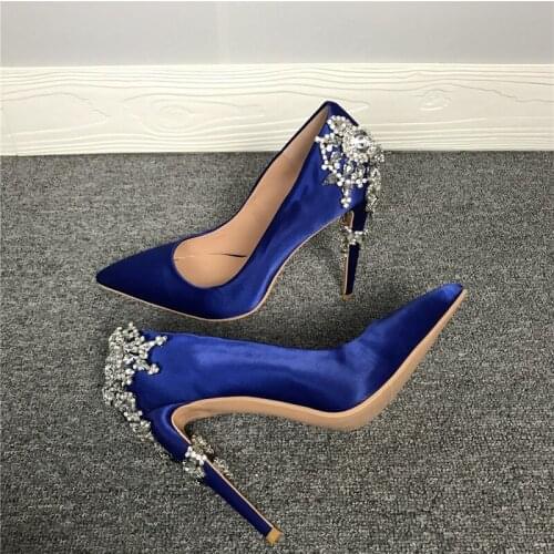 Spring new fashion entwined crystal flower satin stiletto high-heeled womens single shoes oversized banquet dress pointed pumps