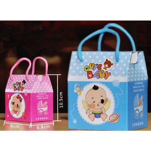 20pcs Personalized Handles Pink Blue Baby Shower Candy Box Boy Girls Birthday Party Candy Bags Favor Boxes Paper Gift Box