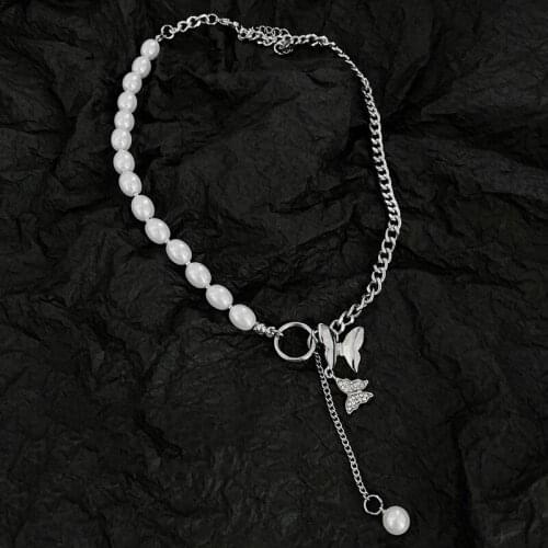 Origin Summer Fashion Stainless Steel Butterfly Baroque Pearl Pendant Necklace for Women Asymmetry Chunky Chain Necklace Jewelry