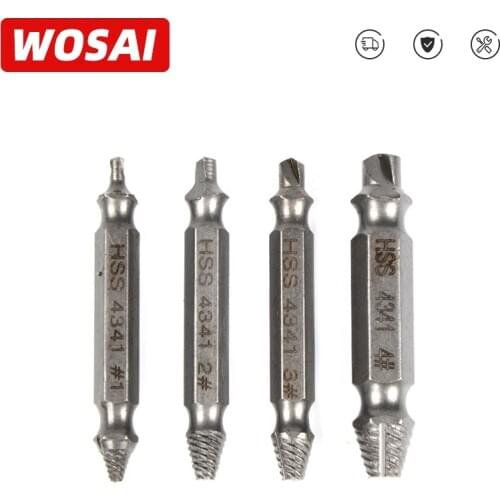 WOSAI HHS Steel 4Pcs Screw Extractor Drill Bits Guide Set Broken Damaged Bolt Remover Double Ended Damaged Screw Extractor