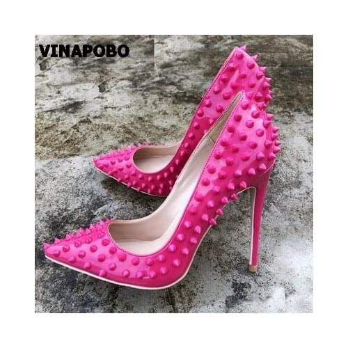 Vinapobo Rivets Pointed toe Thin High Heels Sexy Red Patent Leather Dress Pumps Women Rivets wedding Shoes 12cm Stiletto Heels