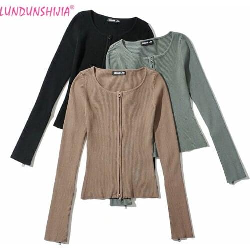 LUNDUNSHIJIA 2021 New Spring Women Fashion Long-Sleeve O-Neck Zipper Cardigan Tops Ladies Fashion Elastic Knitting Crop Sweaters