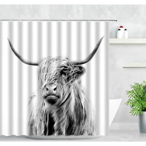 Waterproof Fabric Shower Curtains Black White Highland Cow Pattern 3D Print Nordic Simple Home Decor Hooks Bathroom Curtain Sets