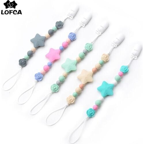 LOFCA 1PC Silicone Pacifier Baby Teether Clip BPA Free Baby Teething Toys Flower Beads Necklace Baby Carrier Holder Short Chain