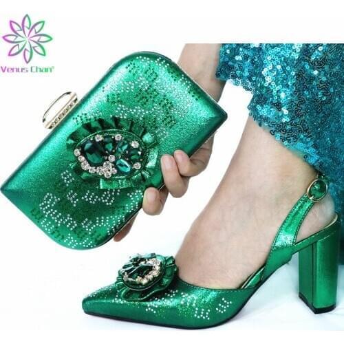 Green Color New Special Design African Women Party Shoes Matching Bag Set Super High Heels with Crystal for Royal Party