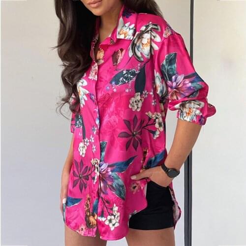 Women Floral Print Long Sleeve Irregular Button Shirt Autumn Turn-down Neck Back Hollow Out Casual Party Mid-length Shirts Tops