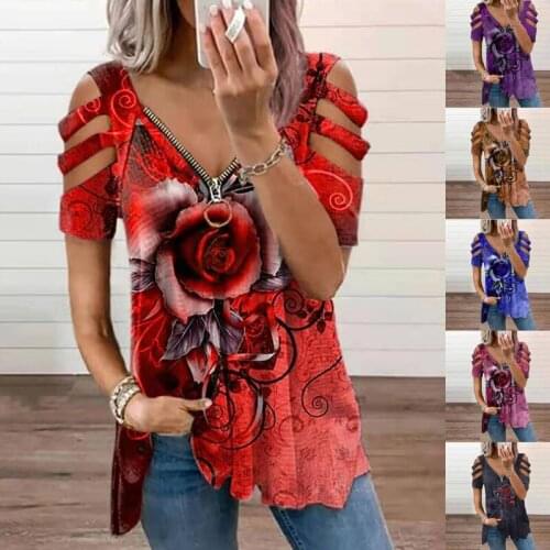 Sexy Summer Womens Rose Print Zipper Short Sleeve Shirt Loose V Neck Elegant Hollow Out Plus Size T Shirt Fashion Pullover Tops