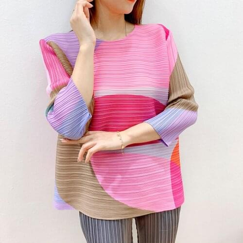 Miyake Pleated Geometry Print Tops 2021 Winter Bottoming Shirt Loose Plus Size Indie Aesthetic Clothes