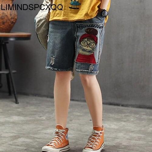 LIMINDSPCXQQ Womens Embroidered Jeans Retail, Street Style, Retro, Informal, Loose, Straight, Summer, 2021Elastic Waist Shorts