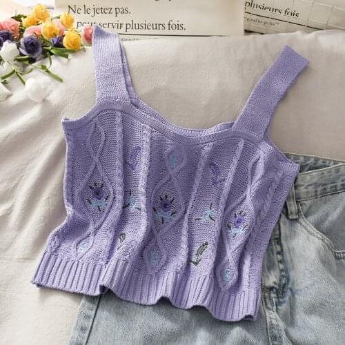 Women Crop Tops Sexy Crop Tops Ladies Floral Embroidery Cropped Vest Summer Vintage Tank Crop Camis Women Purple Top Summer