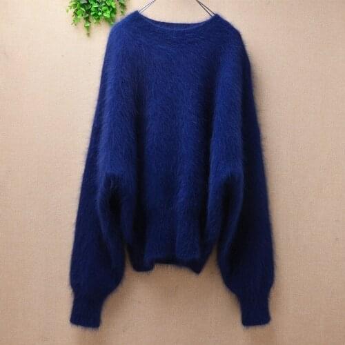 Female women winter thick warm hairy plush mink cashmere knitted long batwing sleeves loose pullover angora fur jumper sweater