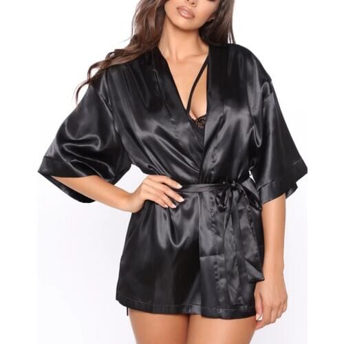 New Women Ladies Spring Autumn Casual Short Sleeve Silk Short Night Robes Black Robe with Belt