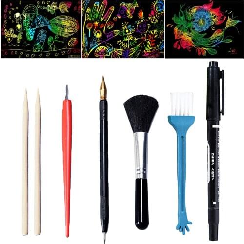 4/5PCS Magic Scratch Scraping Painting Tools Bamboo Sticks Scraper Repair Scratch Pen Black Brush DIY Painting Coloring Toy