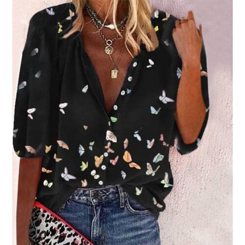 Vintage Oversized T Shirt Womens Butterfly Printed Bohemian Tunics Clothing Half Sleeve Casual Blouses Рубашка Женская