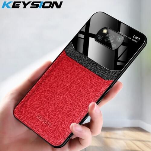 KEYSION Shockproof Case for Xiaomi POCO X3 NFC Leather Mirror Tempered Glass Phone Back Cover for Pocophone F2 Pro X2 M2 Pro