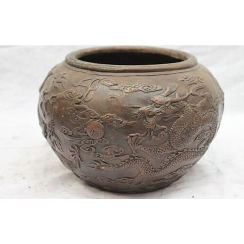 Chinese Bronze carving Two Dragon Play Bead Palace Crock Pot incense burner