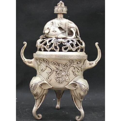 Collectible bronze S1847 16" Marked Chinese Dynasty Silver 3 Foot Elephant Head Incense Burner Censer