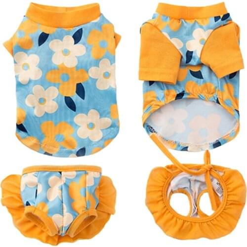 2PCS Summer Dog Clothes Girl Dresses Swimsuit Suit Printed Skirt Cat Dog Dress Cute Cat Skirt Dog Vest Female Dog Shorts Panties