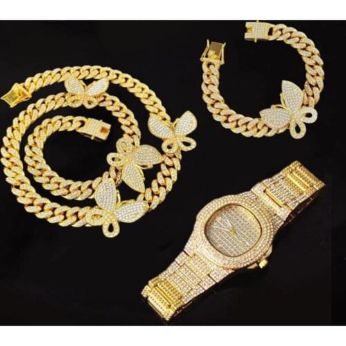 Rock Necklace+Watch+Bracelet Hip Hop Prong 12mm Butterfly Cuban Chain Set Iced Out Rhinestone CZ Bling for Men Women Jewelry Set