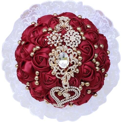 Korean Bridal Bouquet Bridesmaid Golden Pearl Rhinestone Ribbon Hand Bouquet DIY Bouquet Wine Red Wedding Party Props W228A