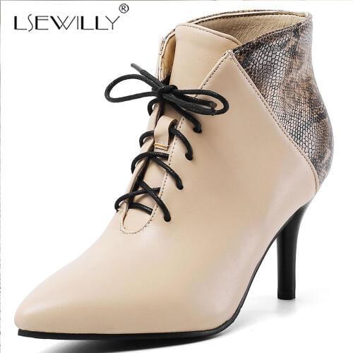 Lsewilly 2020 Snakeskin Mixed Color PU Leather Pointed Toe Ankle Boots Thin High Heel Lace Up Autumn Winter Women Shoes K123