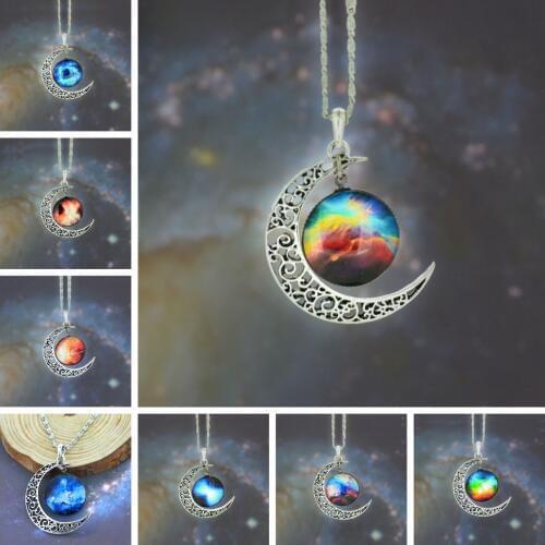 Fashion New Glass Galaxy Cluster Pendant Necklace For Women Vintage Crescent Moon Necklace Men Jewelry Colares Party Friend Gift