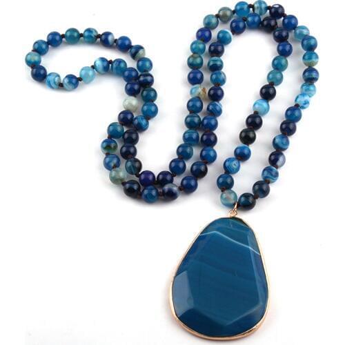 MOODPC Fashion Bohemian Tribal Jewelry Natural Stone long Knotted Necklaces Facet Drop Pendant Women Ethnic Necklace