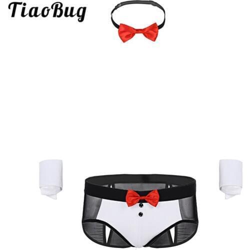 TiaoBug Men Waiter Tuxedo Lingerie Suit See Through Mesh Briefs Underwear Bow Tie Cuffs Underwear Set Hot Sexy Costumes