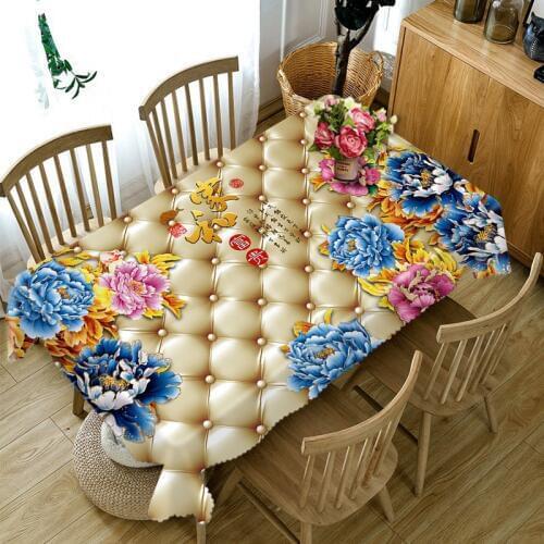 Customizable 3D Tablecloth Rich Peony Washable Cloth Thicken Rectangular and Round Table Cloth for Wedding