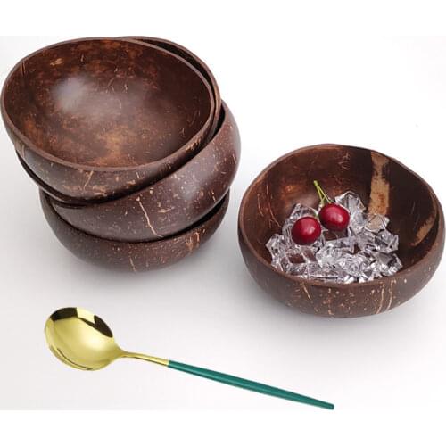 Natural coconut shell bowl polished to make salad bowl stainless steel spoon wooden bowl smoothie bowl