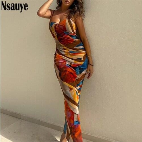 Nsauye Fashion Women Y2K Print Sleeveless Strap V Neck Bodycon Long Dress Sexy Party Backless Beach Maxi Dresses Summer 2021