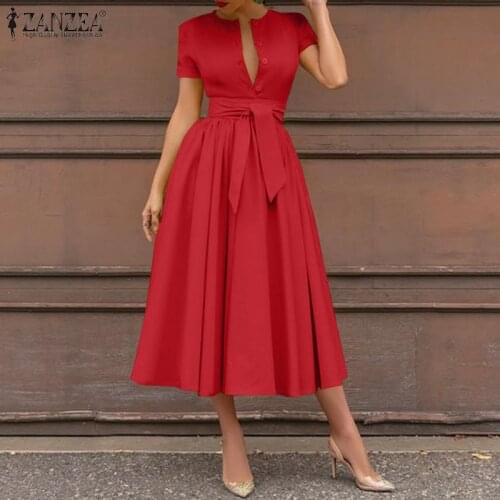 Women Summer Short Sleeve Party Dress ZANZEA Casual Elegant Evening Sundress Fashion Solid Party Midi Vestido Belted Robe Femme