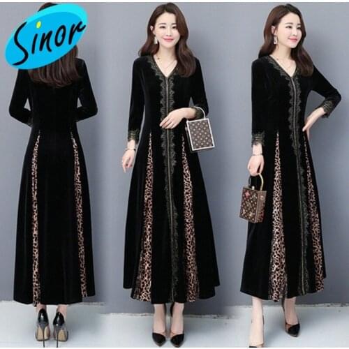 Pleuche Dress 2020 New Style for Autumn and Winter V-neck Slim-Fit Leopard Lace Lady Elegant Long One Product Dropshipping