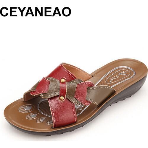 CEYANEAOSummer Women Real Leather Comfort Wedge Heels Platform Sandals Lady Fashion Open Toe Stuffies Beach Babouche Slippers
