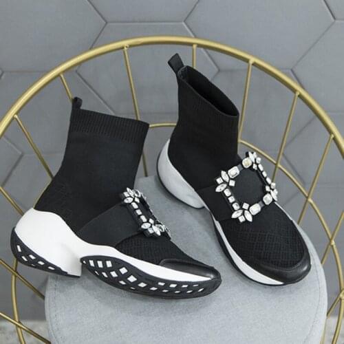 Rhinestones square buckle thick bottom increase knitted stretch sock boots New autumn winter shoes womens boots Drop Ship
