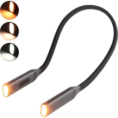 LED Neck Reading Light USB Rechargeable Book Light Flexible Bendable Silicone Arm Hand-Free 3 Colors Mode Stepless Dimming