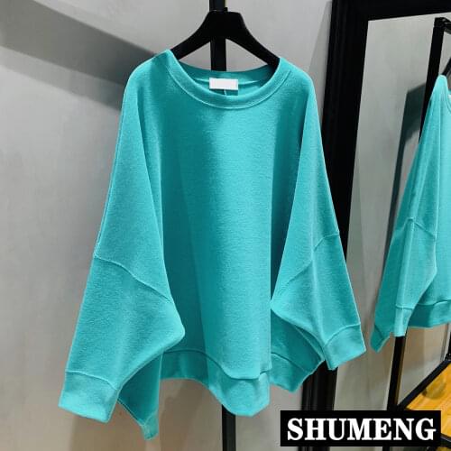 Cotton Sweatshirt Women Solid Casual Loose Hoodie Coat Streetwear Femme Simple Bat Sleeve Oversized Sweatshirts Teenager Student