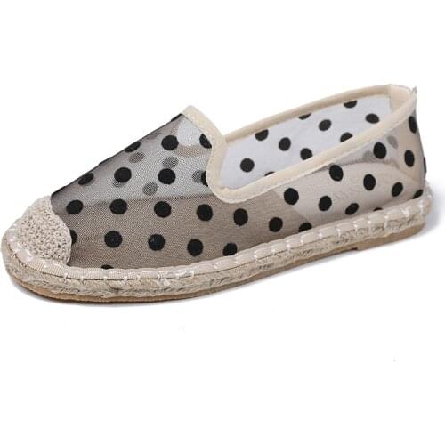 Summer New Ladies Casual Fisherman Shoes Female Tendon Sole Shoes Flat Bottom Straw Woven Hemp Rope Mesh Dot Baotou Half Drag