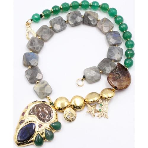 GuaiGuai Jewelry atural Green Agates Labradorite Necklace Golden Conch fossil Labradorite CZ Pave Pendant Handmade For Women
