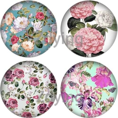 Zdying Classic Retro Rose Flowers Pattern Round Glass Cabochon 12mm/16mm/18mm/20mm/25mm Glass Dome Flat Back Making Findings