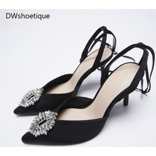 Crystal pointed toe women slingbacks thin heel lace up women dress shoes