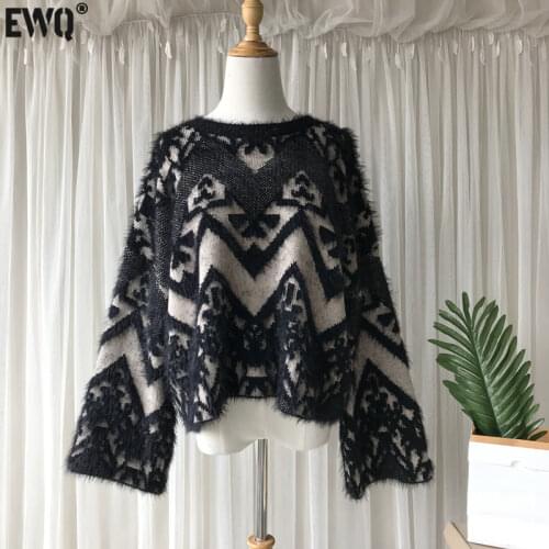 [EWQ] 2021 Autumn New Casual Pullover Knitting Ladies Retro Lazy Mink Velvet Loose 1 Short Casual Sweater Women 16Q382