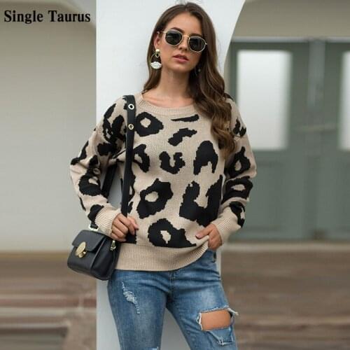 Female Leopard Print Knitted Sweater 2020 Fall Winter Long Sleeve Loose Women Clothes Streetwear Casual Fashion Sueter Mujer