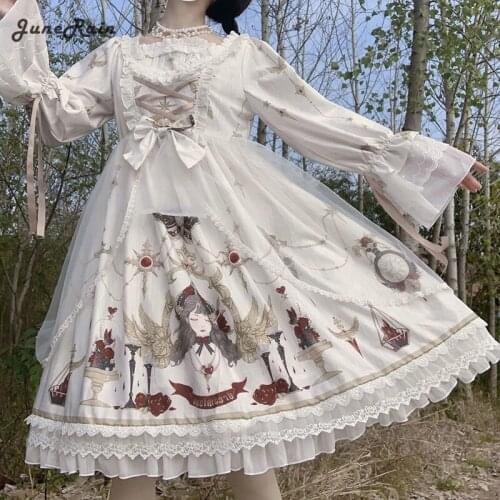 JuneRain Japanese Dress Women Bow Long-sleeved Lolita Dress Women Soft Girl Kawaii Printed Anime Role-playing Elegant Dress