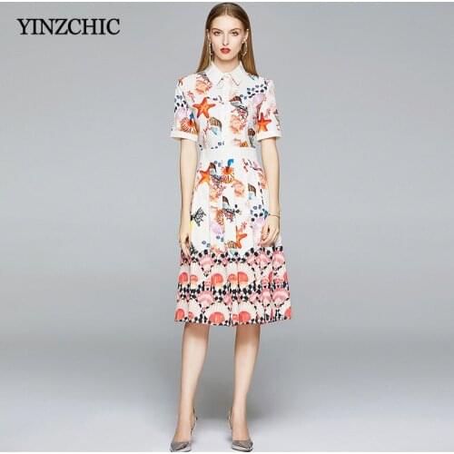 Woman New 2020 Summer Pleated Dress Turn-down Collar Female Casual Slim Skirts Shells Printed Ladies Midi Dress Skirts