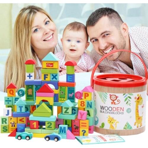 100pcs Wooden Building Block Toy Educational Montessori Geometric Gift for Child Assembly Colorful Learning Block Christmas Gift