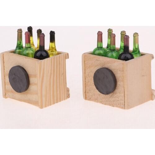 2 Sets Mini Drink Bottles & Wooden Storage Box 1/12 Dollhouse Pub Bar Decor