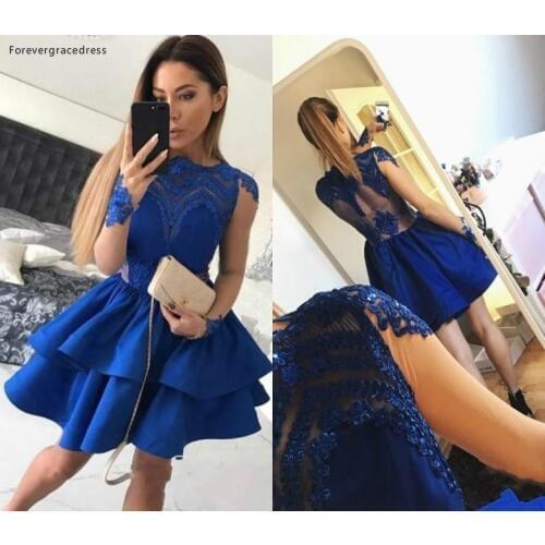 2019 Cheap Royal Blue Cocktail Dress Long Sleeves Lace Appliqued Short Mini Semi Club Wear Homecoming Party Gown Plus Size