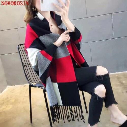 4 Colors 2020 Streetwear Winter Poncho Batwing Long Sleeves Big Plaid Cardigan Women Jacquard Weave Lattice Wrap Vintage Shawl