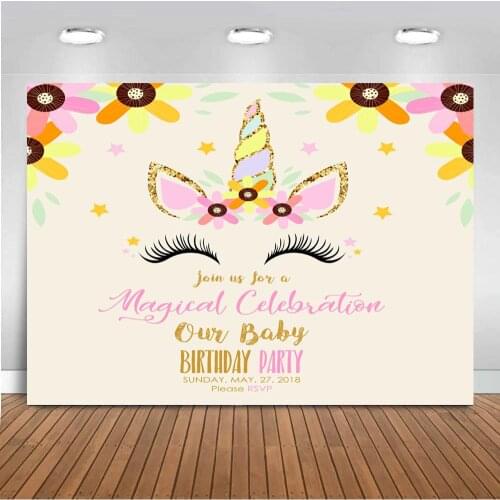 Floral Unicorn Baby One Birthday Party Banner Backgrounds Magical Celebration Newborn Photography Backdrops Photo Studio Prop